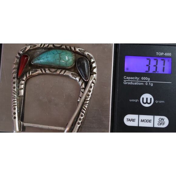 Navajo Sterling Silver Turquoise, Coral & Jet Belt Buckle 33.7G / 2.3in - Picture 3 of 3